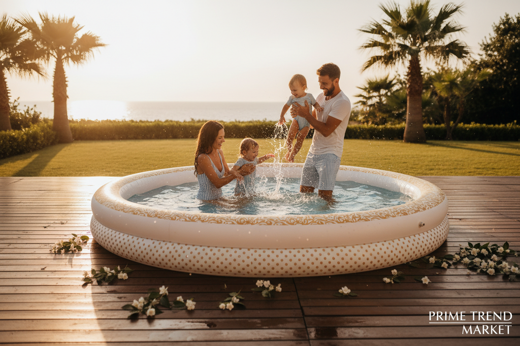 Family of four playing together in oversized inflatable paddling pool at golden hour