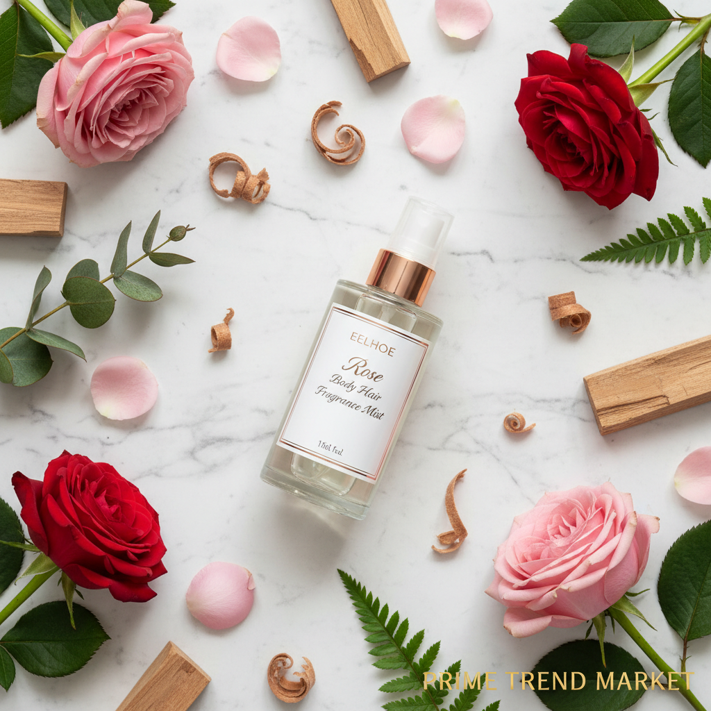 EELHOE Rose Body Hair Fragrance Mist with red roses and cedar on white marble - Prime Trend Market