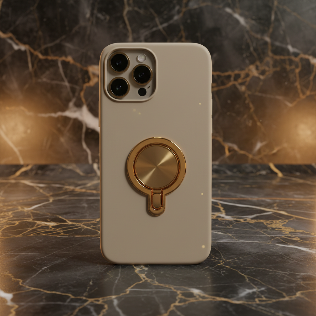Beige ring camera phone case on dark marble with amber gold lighting