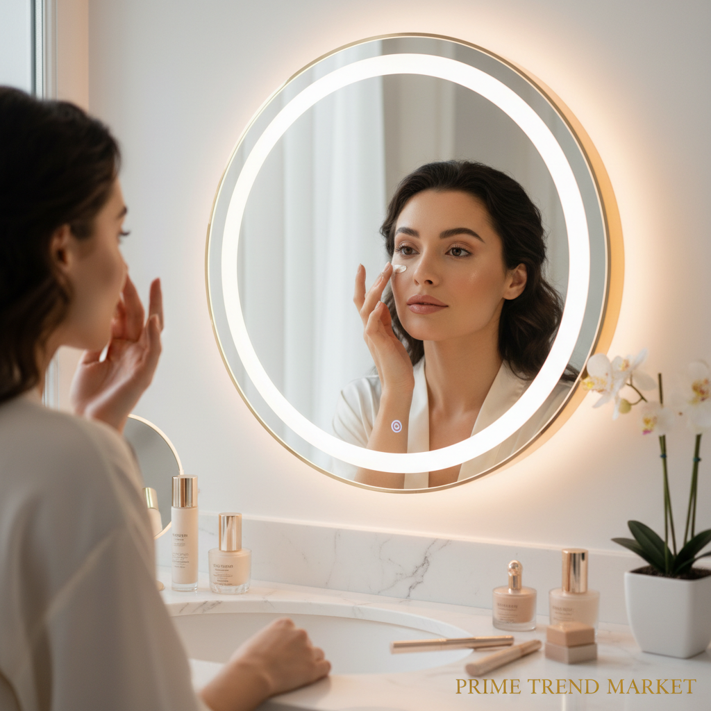 Beautiful woman with flawless glowing skin applying CC cream concealer at vanity mirror in soft natural light