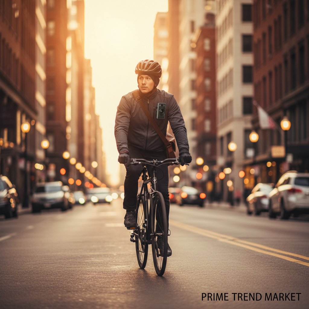 Cyclist with PocketShot clipped to jacket in golden hour city