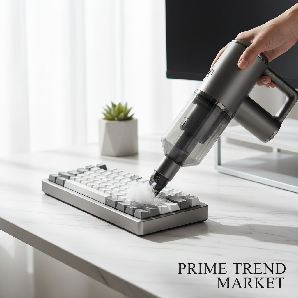 Compact gray cordless vacuum cleaning luxury keyboard on white marble desk - Prime Trend Market