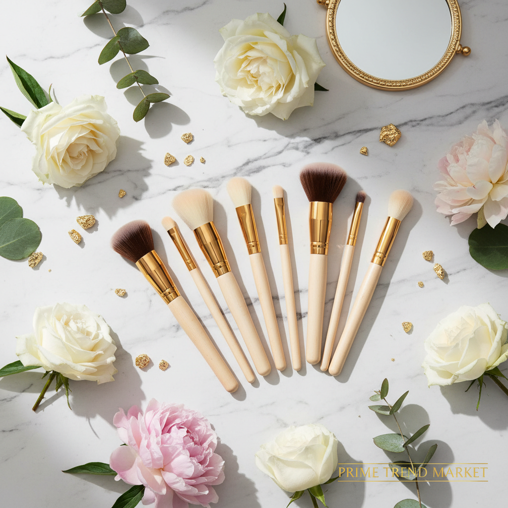 10pcs premium wooden handle makeup brush set flat lay with flowers