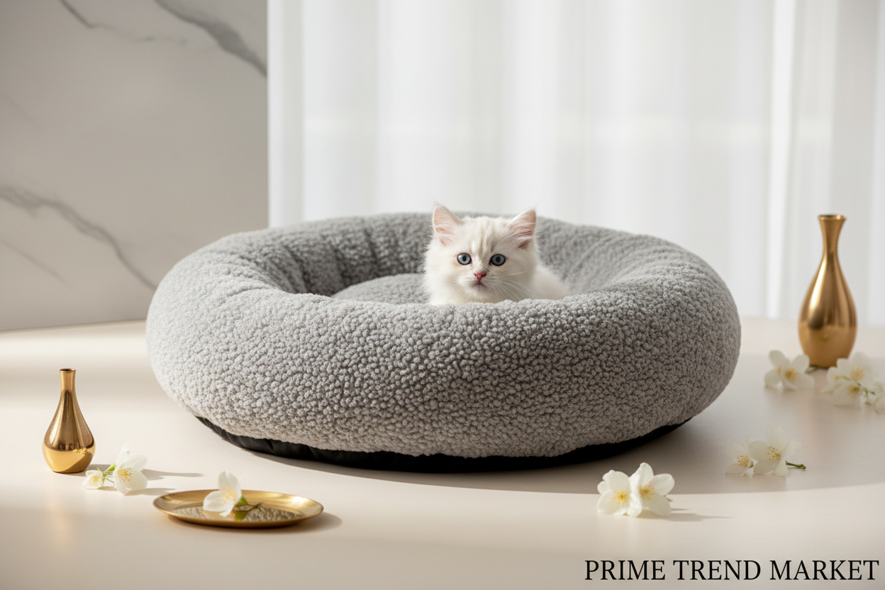 White kitten peeking over rim of premium lamb wool round donut pet bed with jasmine flowers