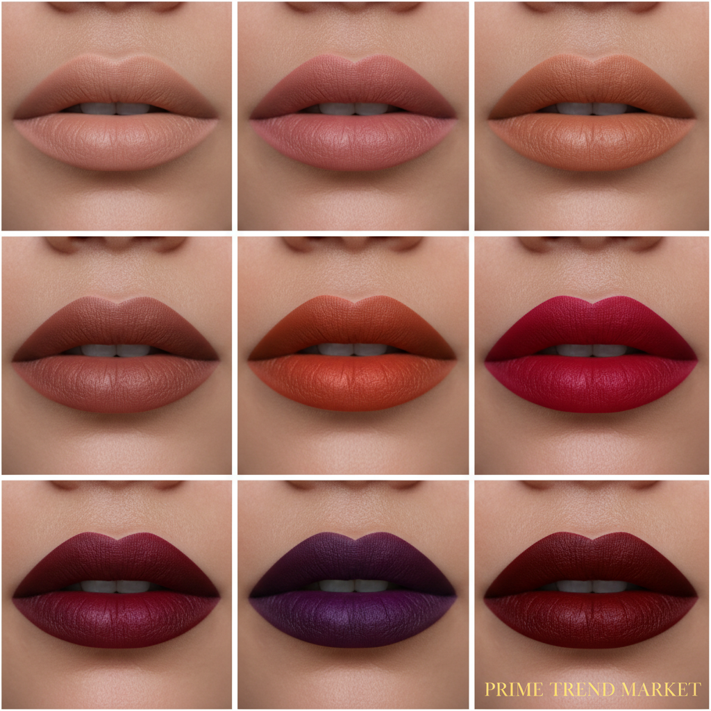 12 matte lip liner shade swatches collage nude to deep red lips beauty editorial