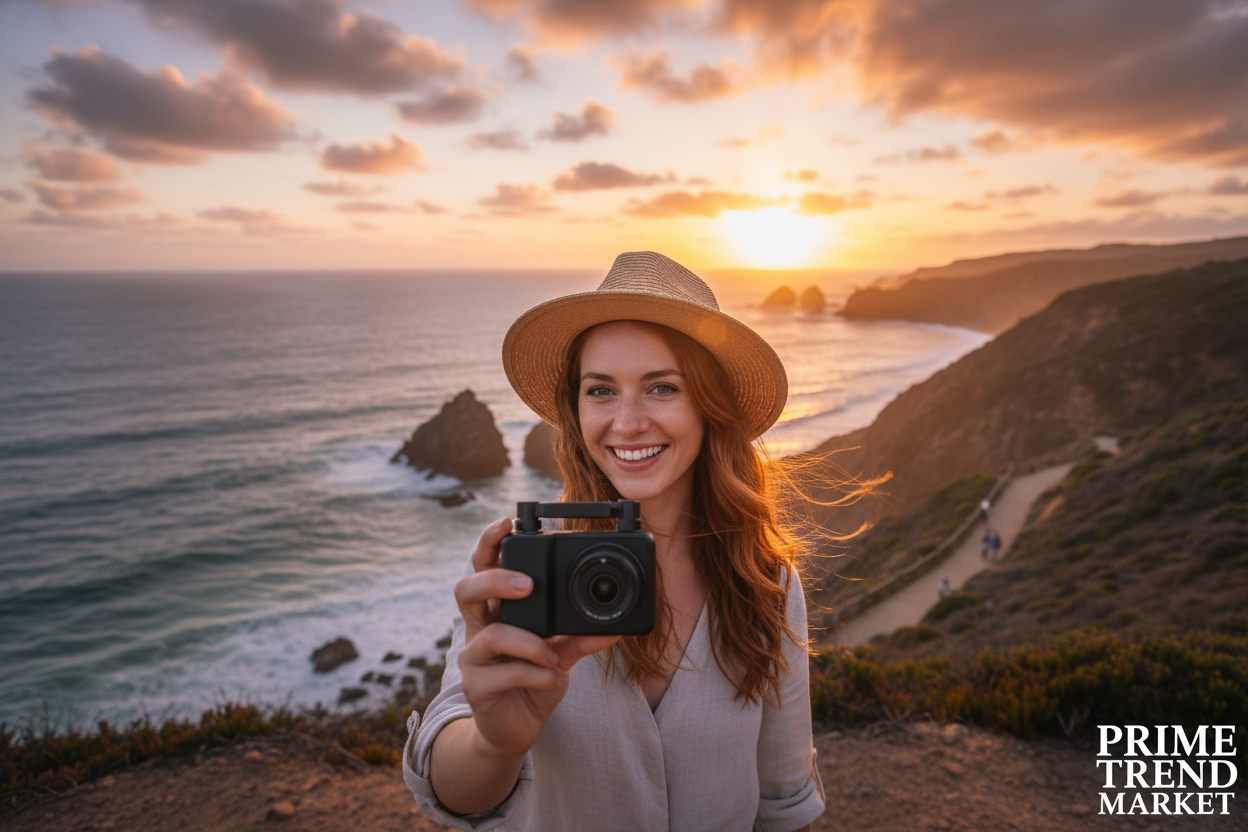 Female travel vlogger using 270° rotating pocket camera at coastal sunset viewpoint
