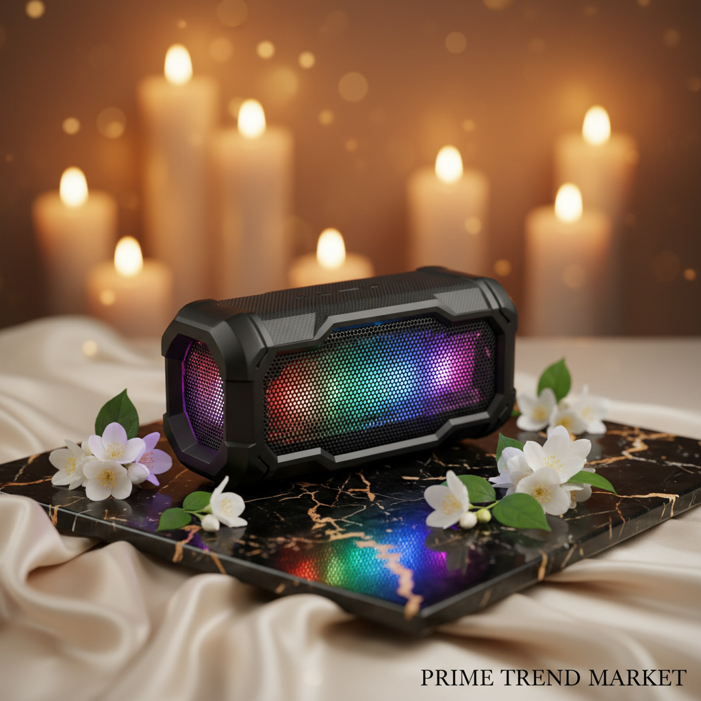 Waterproof Luminous Outdoor Bluetooth Speaker - Black with LED light show on marble