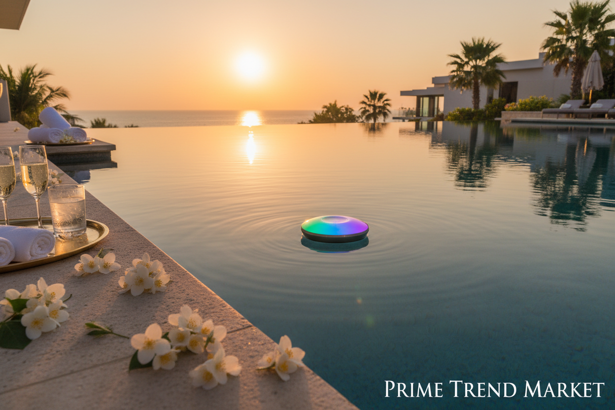 LED pool thermometer in luxury infinity pool at golden hour