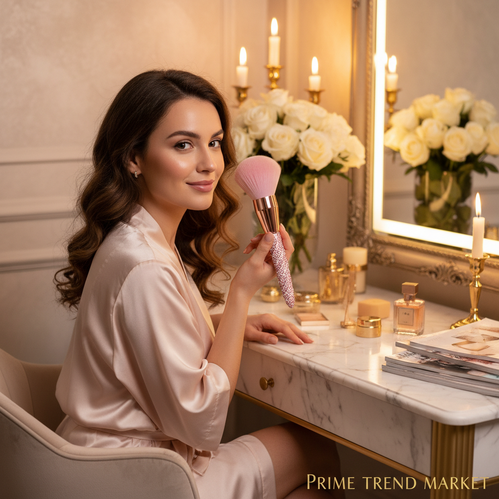Woman applying blush with pink diamond-inlaid handmade makeup brush at luxury vanity
