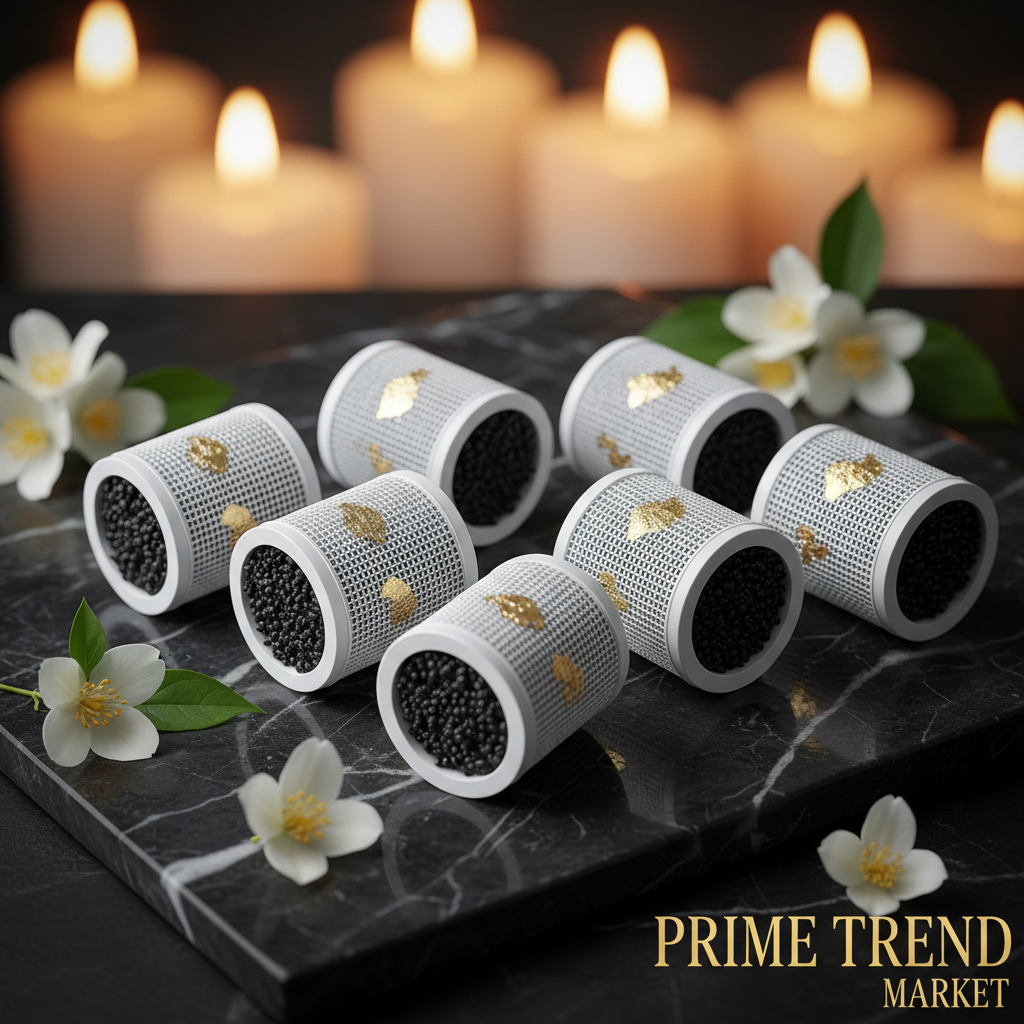 Six premium cat water fountain replacement filter elements on dark marble with gold leaf and jasmine blooms
