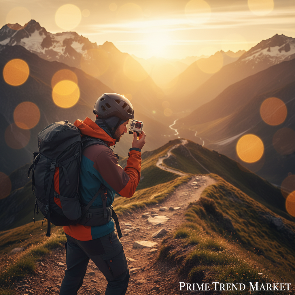 Mountain hiker with ActionShot on helmet at golden sunset
