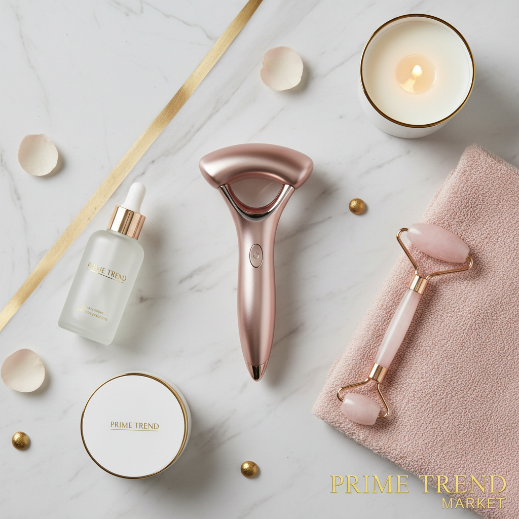 Facial massager with face serum, rose quartz roller, candle and pink towel on marble spa flat lay