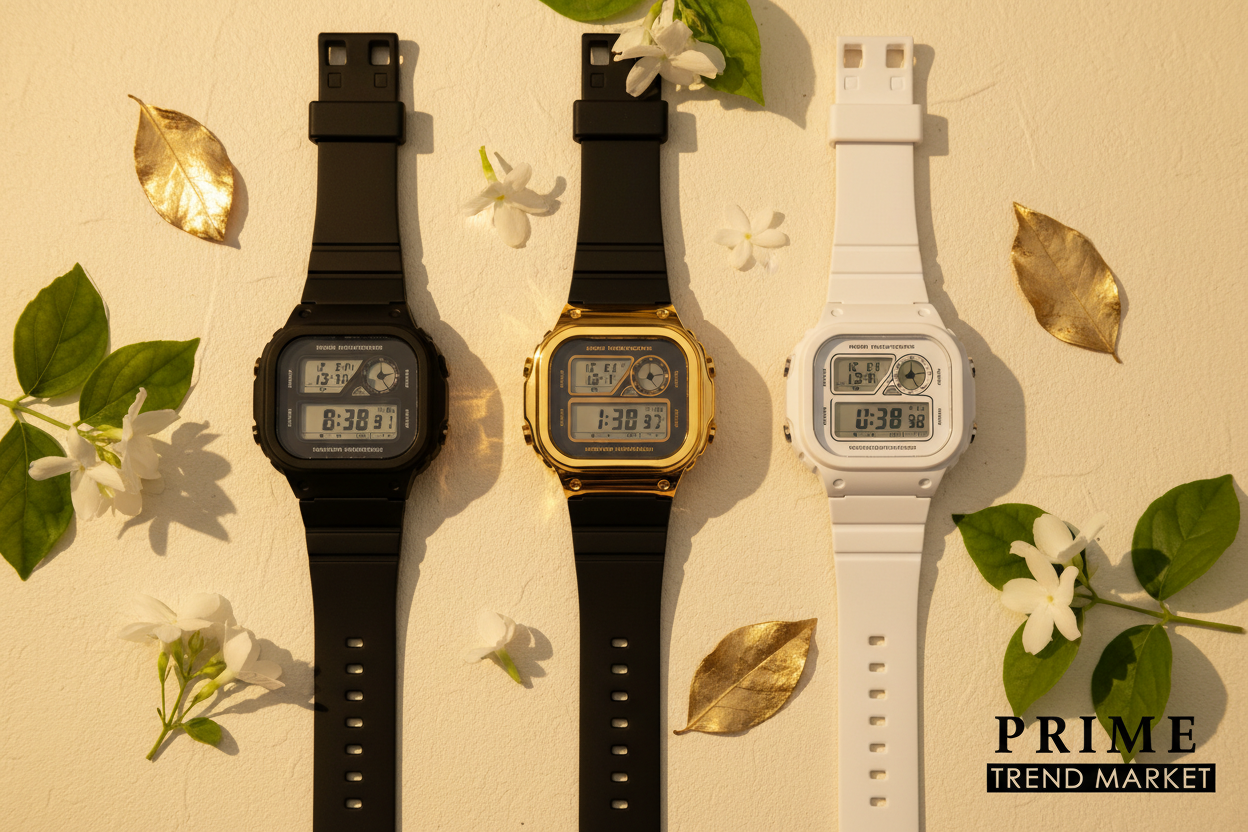 Three square dual display sports watches black gold white flat lay cream surface jasmine gold leaf
