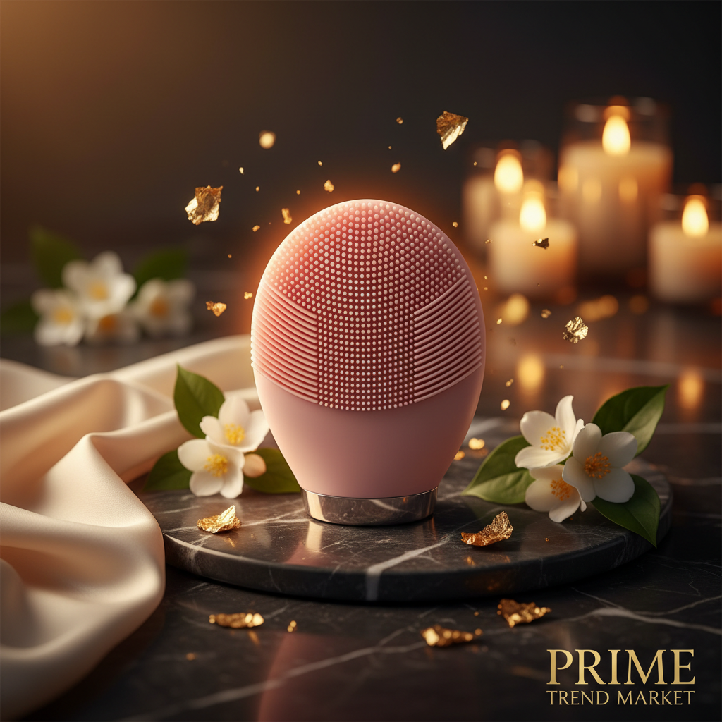 Luxury Pink Mini Silicone Electric Face Cleansing Brush on black marble with jasmine flowers