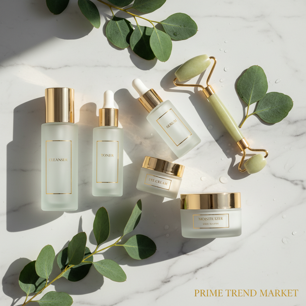 Luxury marble spa flatlay of 5-step skincare routine set with jade roller