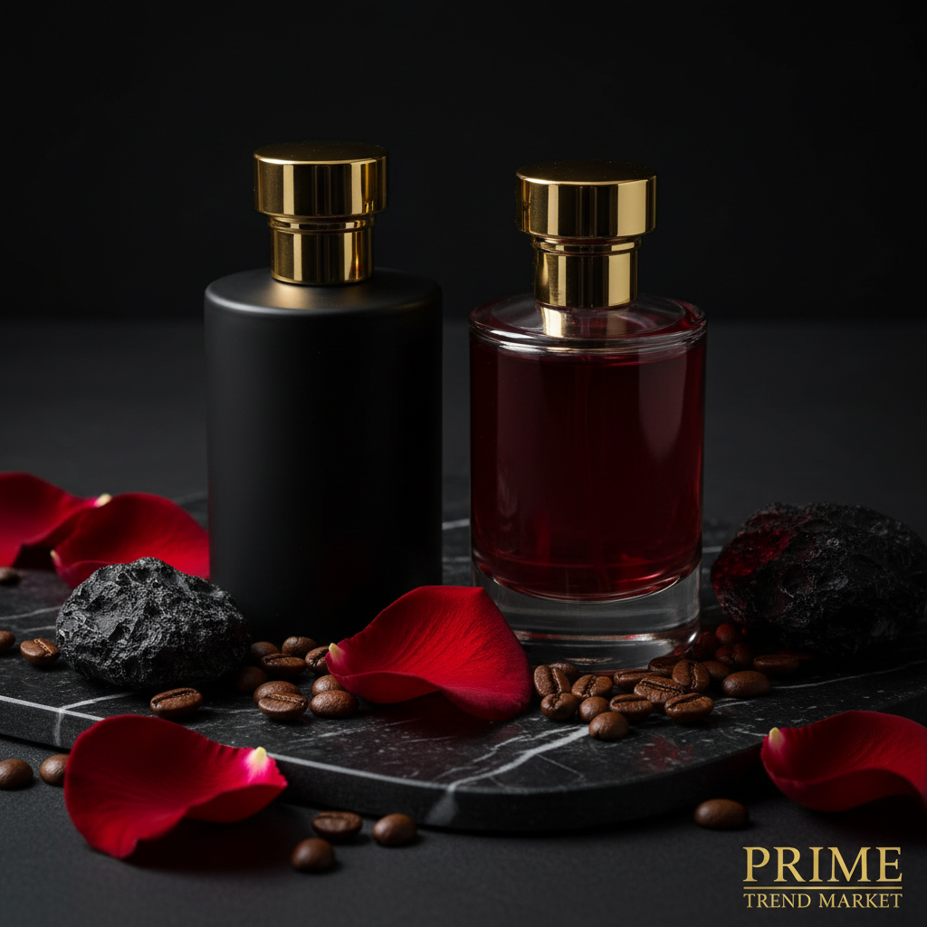 Temptation Niche Perfume Black and Red bottles on black marble with coffee beans and roses - Prime Trend Market