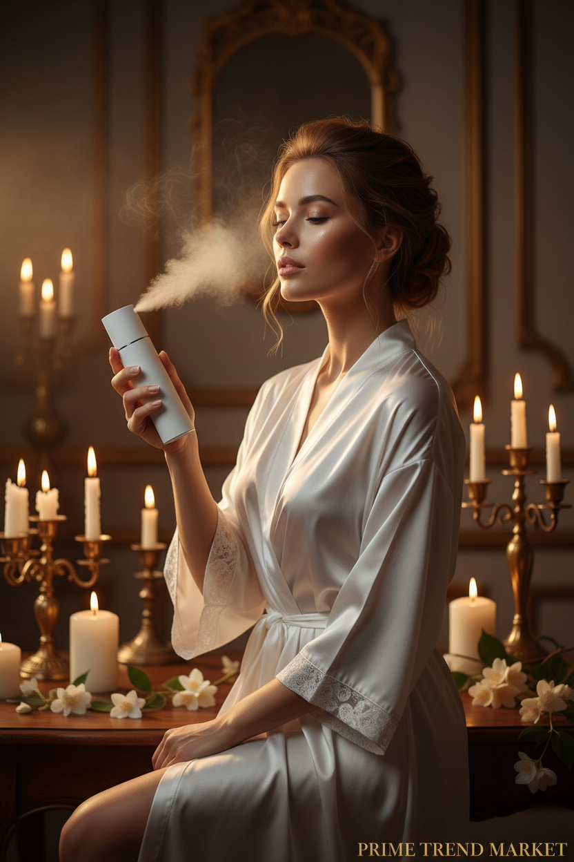 Elegant woman misting her face with NanoMist sprayer