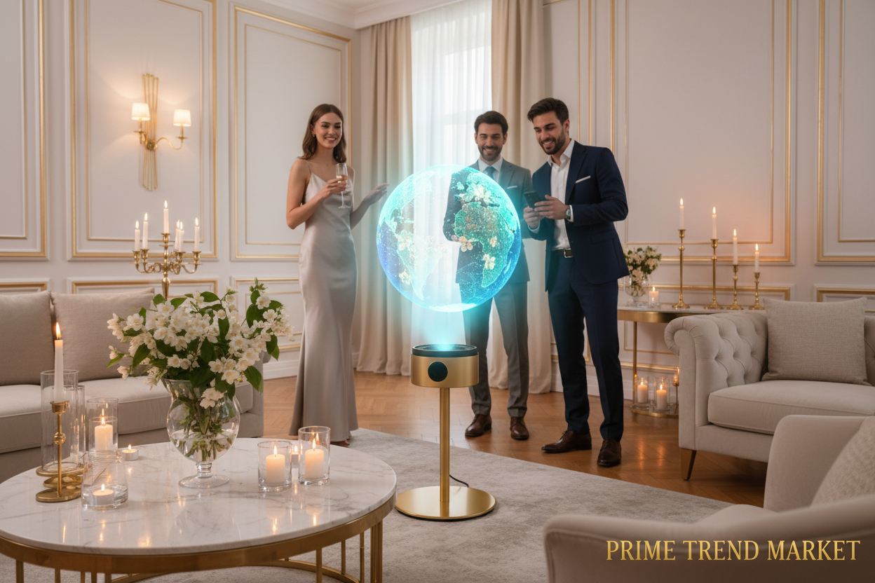 3D Holographic Fan Projector in luxury living room displaying floating hologram — Prime Trend Market