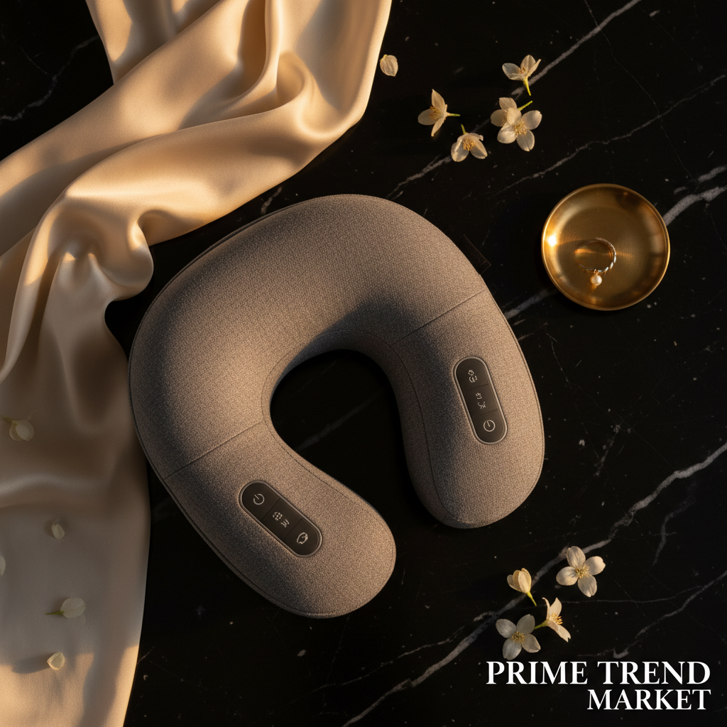 Gray luxury neck massage pillow flatlay on dark marble with gold dish and cream silk