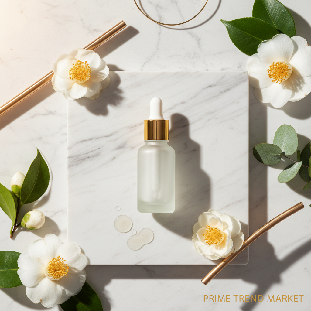 OUHOE anti-wrinkle firming essence bottle on marble with white flowers and gold accents — Prime Trend Market