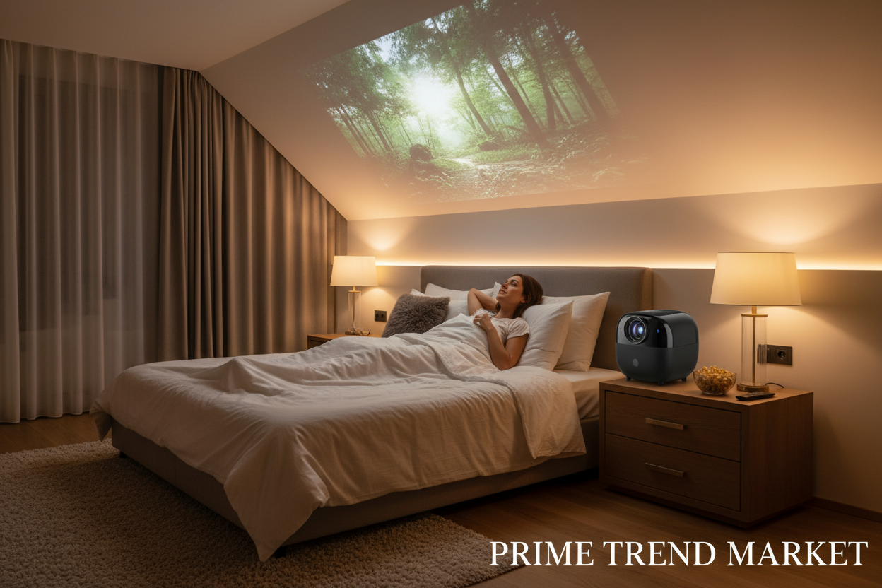 PTZ Mini Projector projecting onto bedroom ceiling for ultimate cinema experience — Prime Trend Market