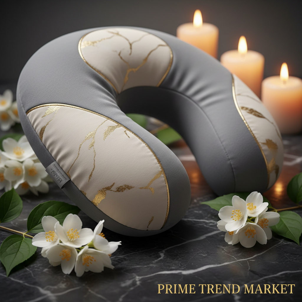Gray luxury neck massage pillow close-up with gold leaf and jasmine on dark marble
