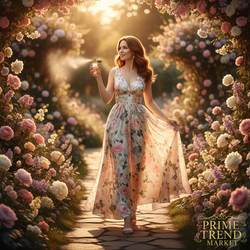 Woman in floral dress spritzing perfume in blooming garden
