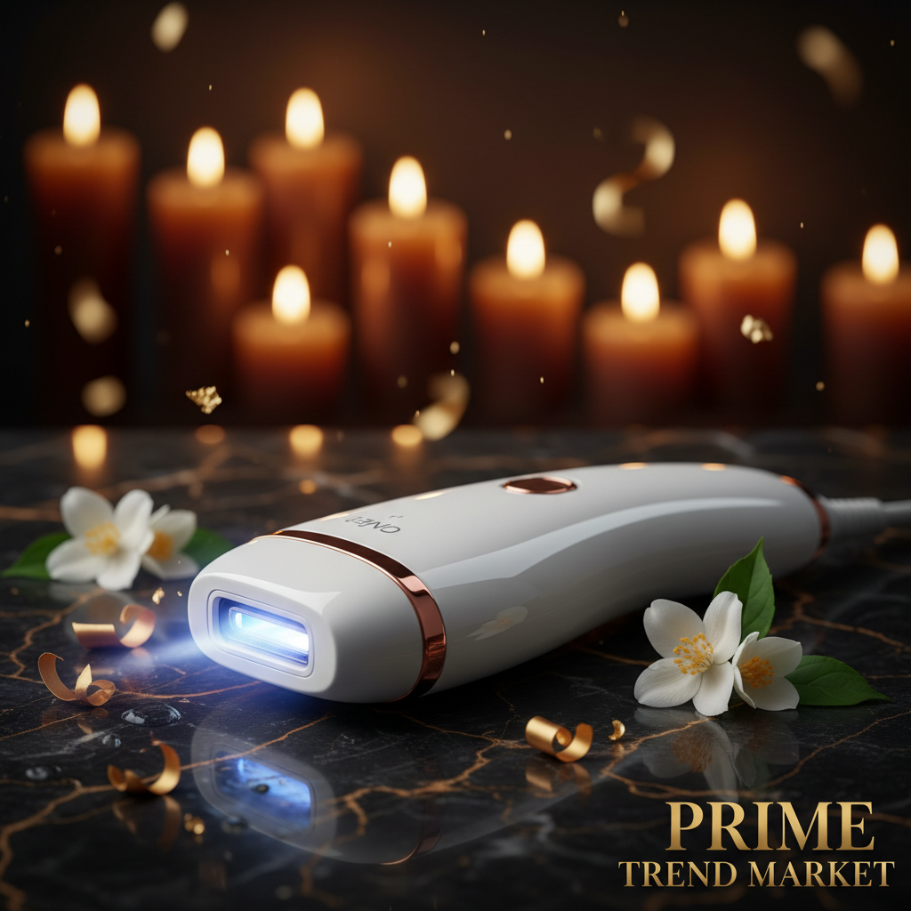 IPL Hair Removal Device dramatic hero shot with glowing light pulse on dark marble — Prime Trend Market
