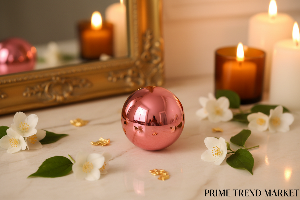 Luxury EMS Micro-Current Facial Massage Ball Rose Red Ivory Marble Vanity Flatlay