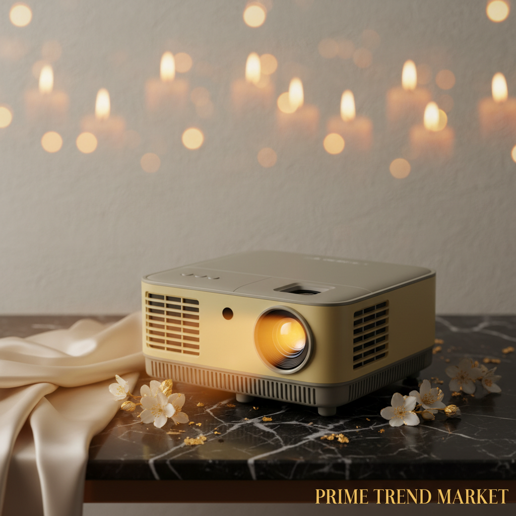 JHT400 mini projector on black marble with jasmine flowers and gold accents - Prime Trend Market