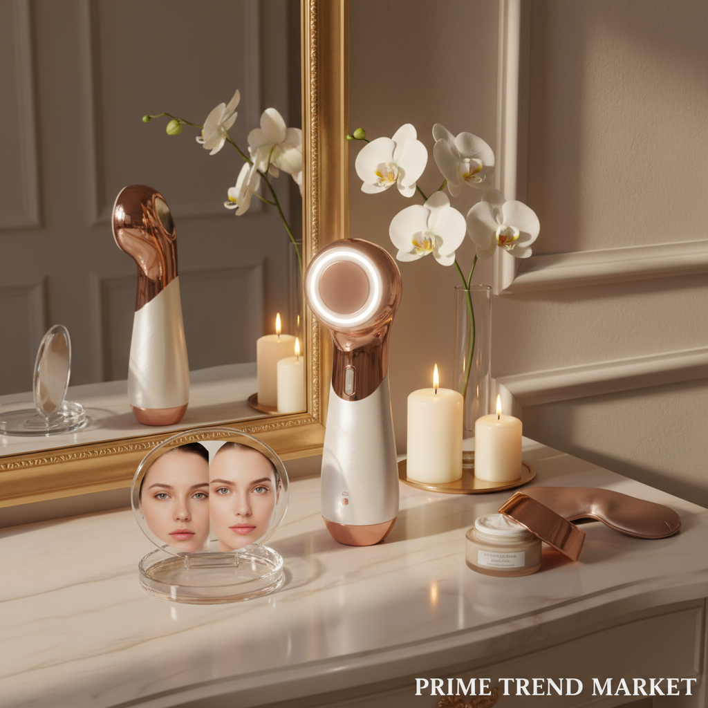 Luxury RF Thermage device on vanity with candles and gold mirror