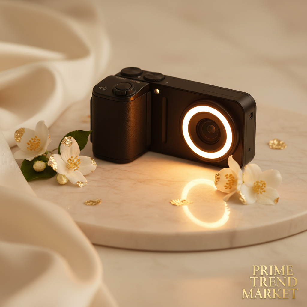 270° vlog camera with fill light activated on cream marble — Prime Trend Market
