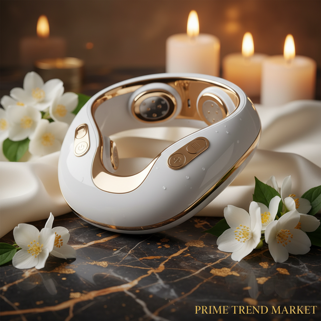 White luxury cervical massager close-up with gold leaf and jasmine on dark marble