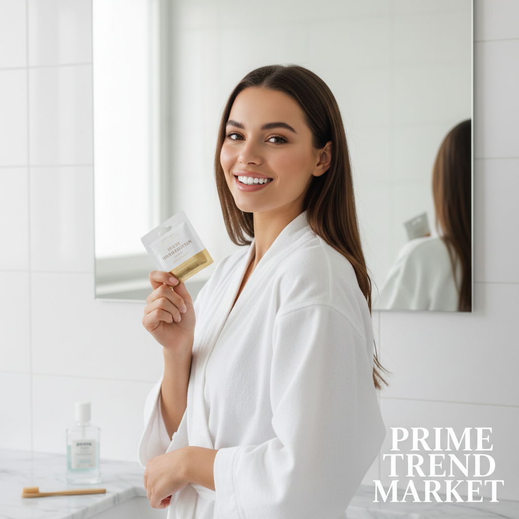 Beautiful woman with radiant bright white smile holding teeth whitening strips