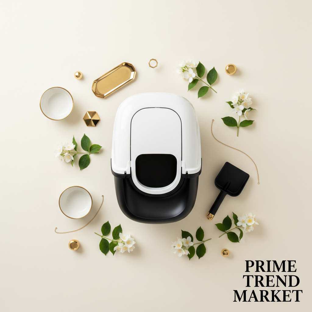 Premium cat litter box with shovel flat lay top view on cream surface with jasmine flowers