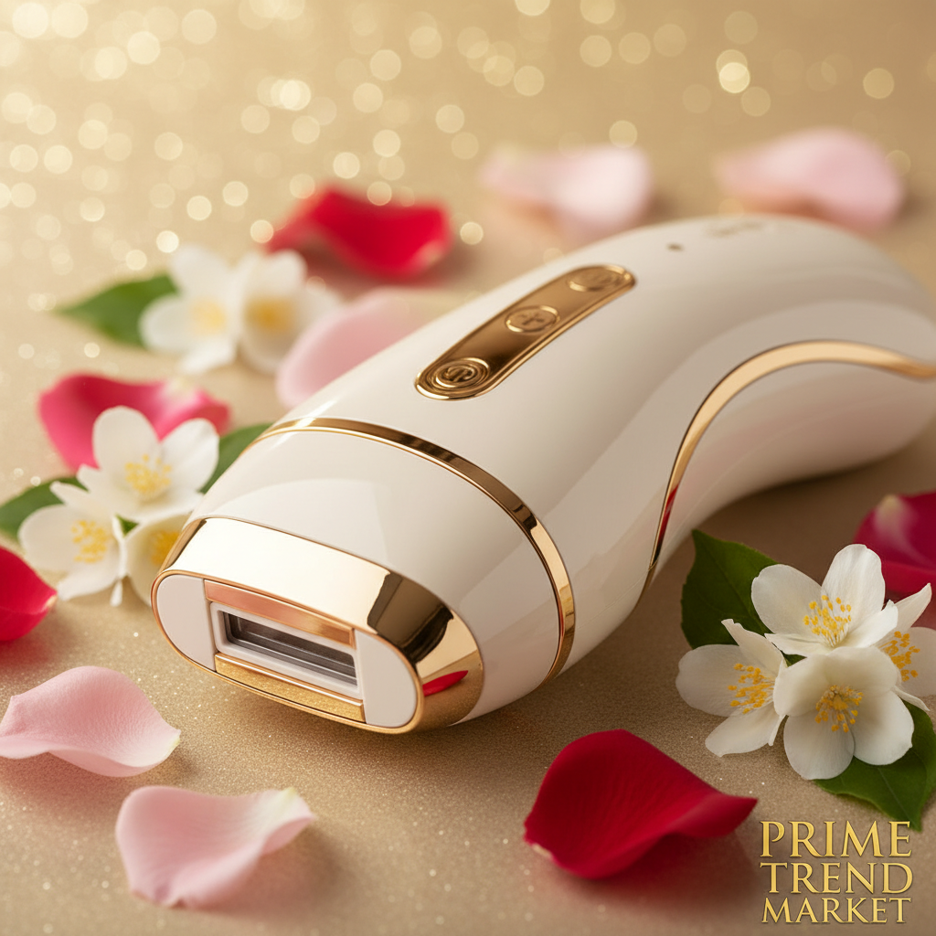 IPL Hair Removal Device close-up on cream ivory surface with rose petals and golden bokeh — Prime Trend Market