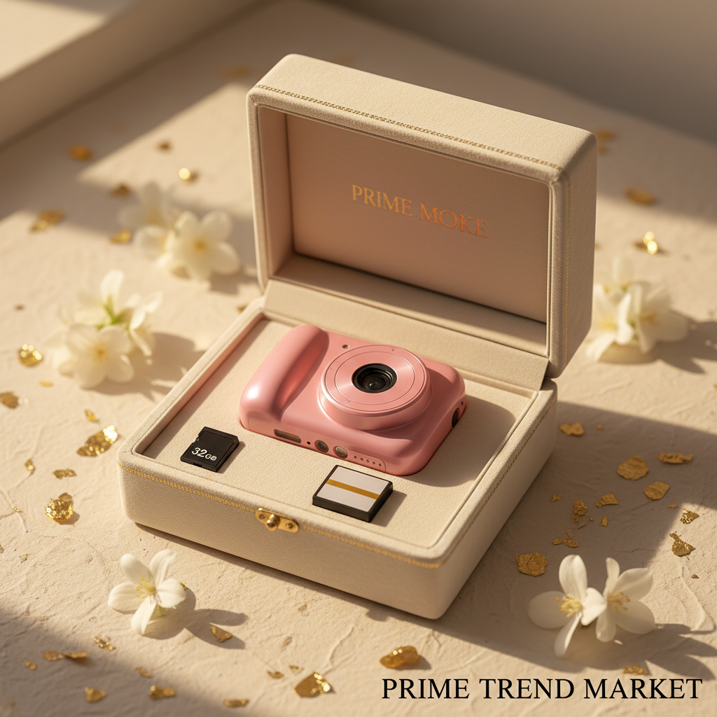 Pink mini camera in luxury gift box with 32GB card and battery