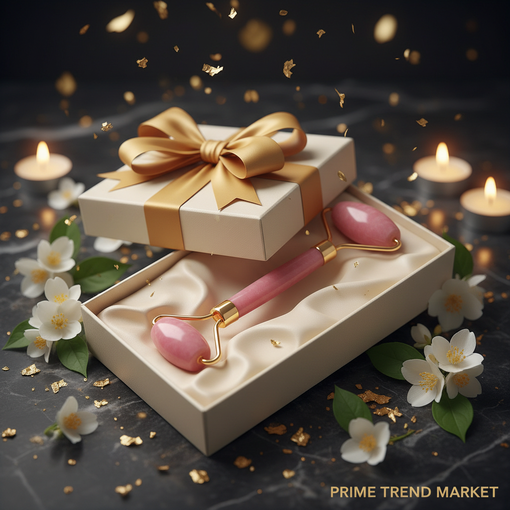 Luxury Facial Ice Roller in cream satin gift box with gold ribbon