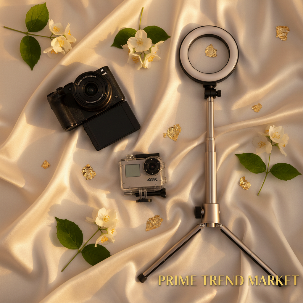 4K vlogging camera, action camera and selfie stick tripod on cream silk