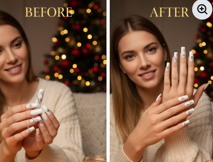 Diamond Deer Snowflake Press-On Nails – 24 PCS Long Square | Holiday Nail Art with Crystal Rhinestones