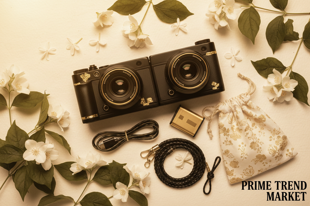 Black and white 4K dual cameras flat lay with all accessories on cream surface