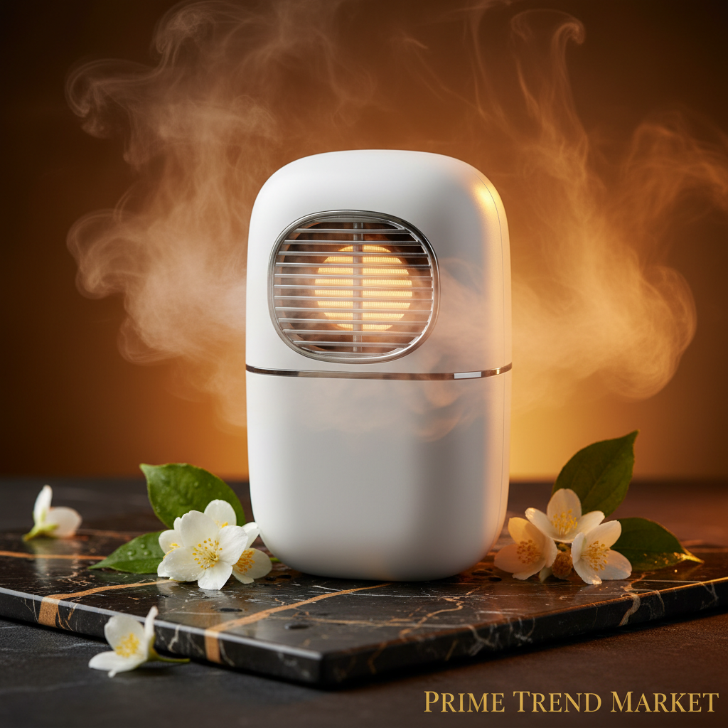 Close-up hero shot of refrigerator deodorizer with ozone mist effect on black marble - Prime Trend Market