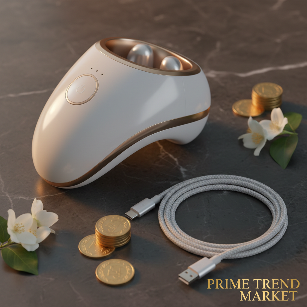 Close-up luxury eye massager with TYPE-C cable on dark marble with jasmine petals