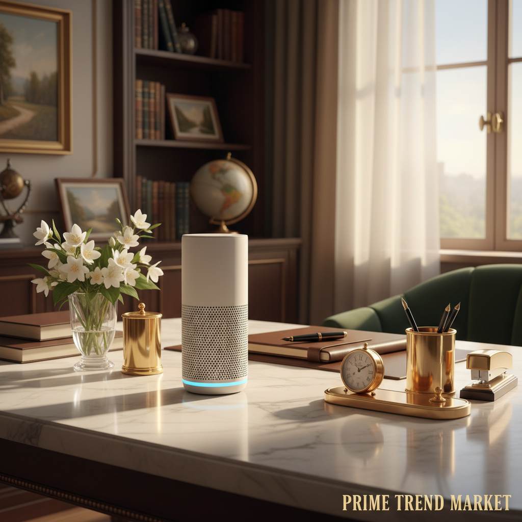 AI voice control smart speaker on luxury home office desk lifestyle shot — Prime Trend Market