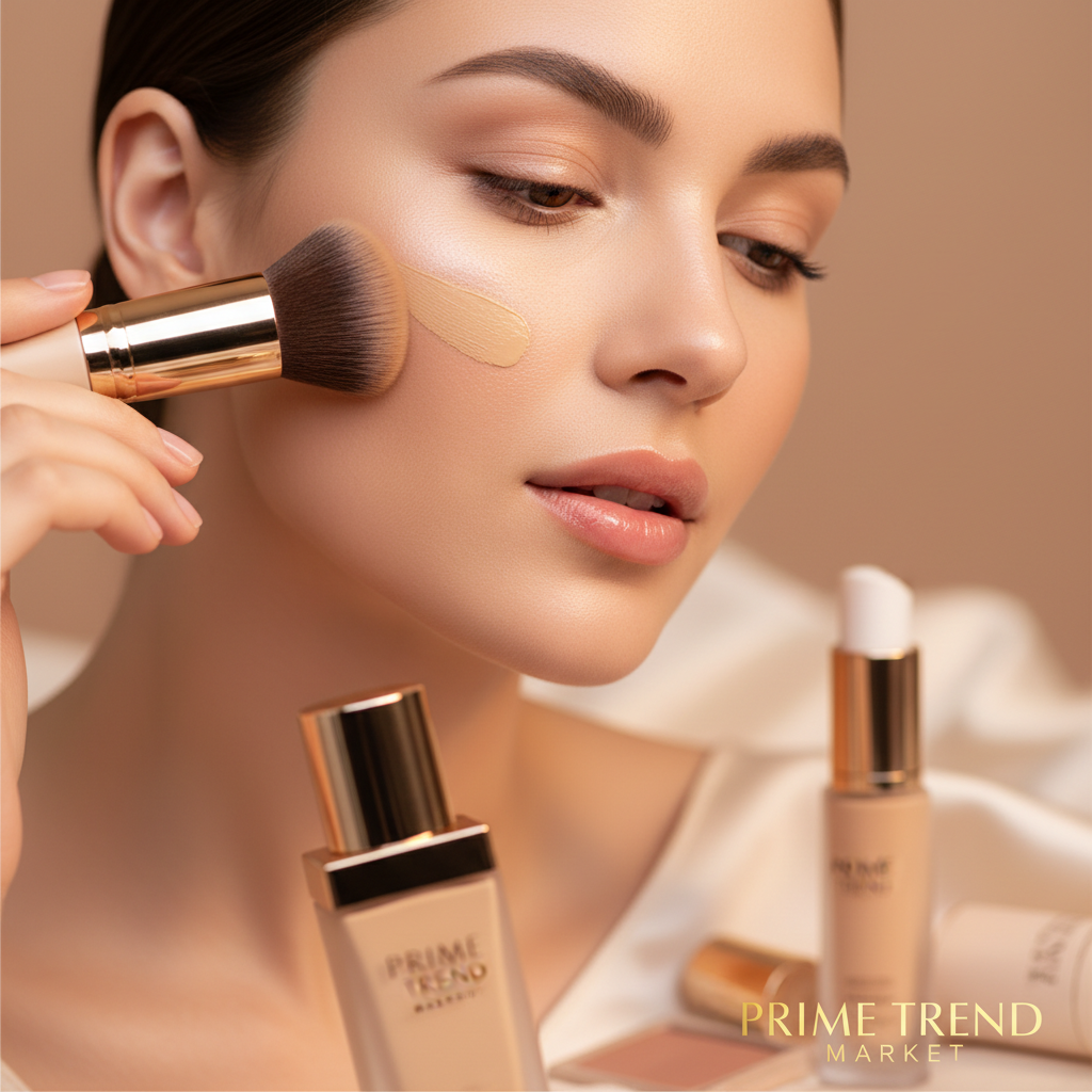 Woman applying flawless foundation with flat kabuki makeup brush