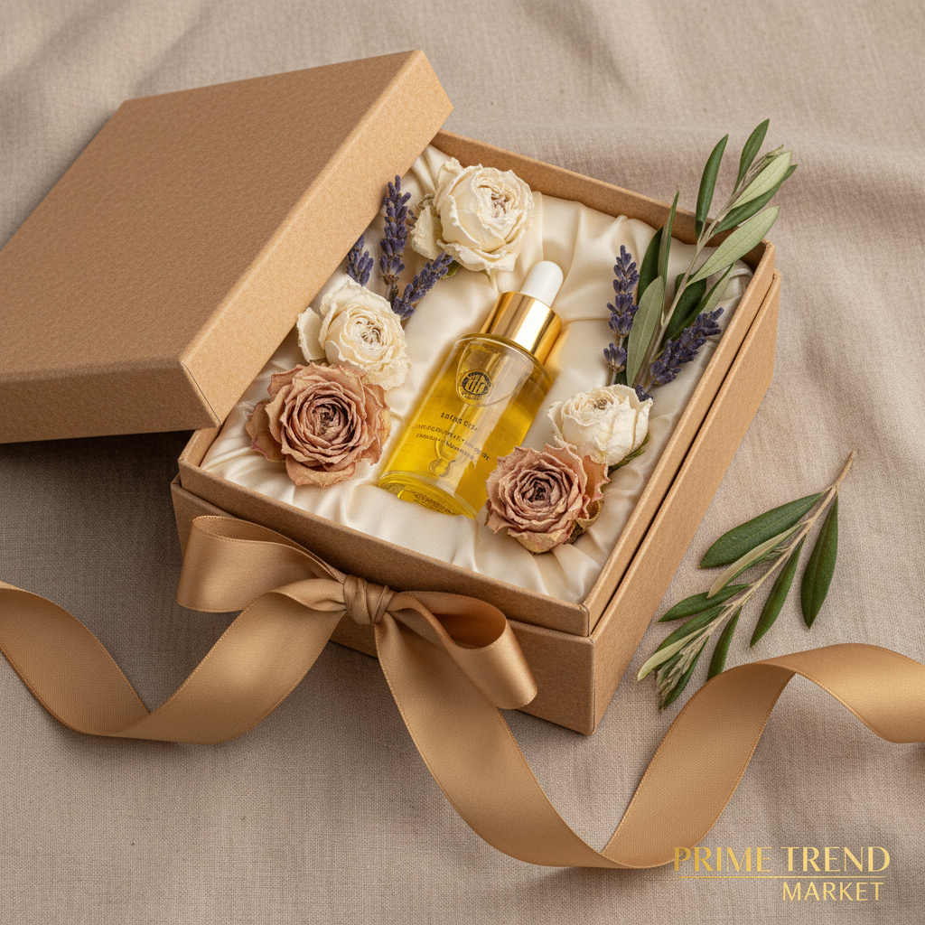 Skincare body oil in luxury gift box with dried flowers and gold ribbon — Prime Trend Market