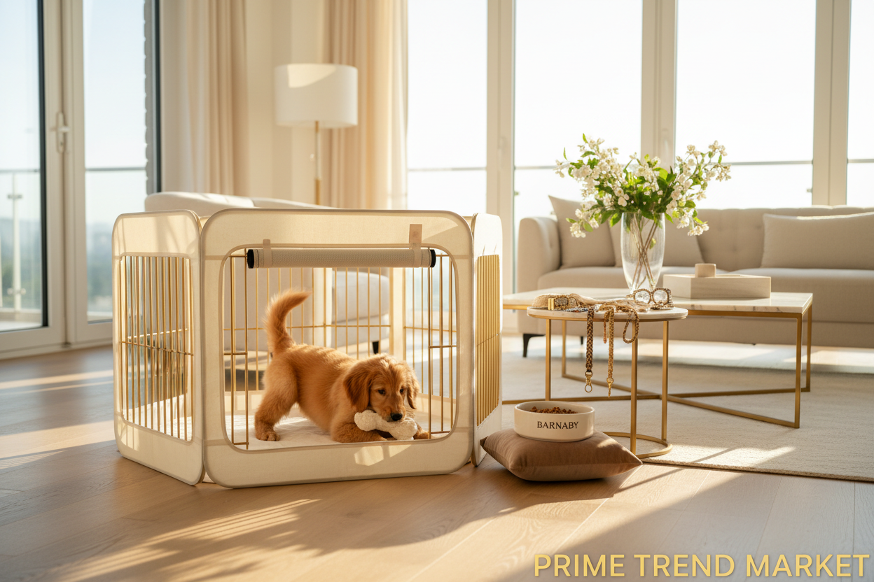 Golden retriever puppy playing inside pet fence playpen