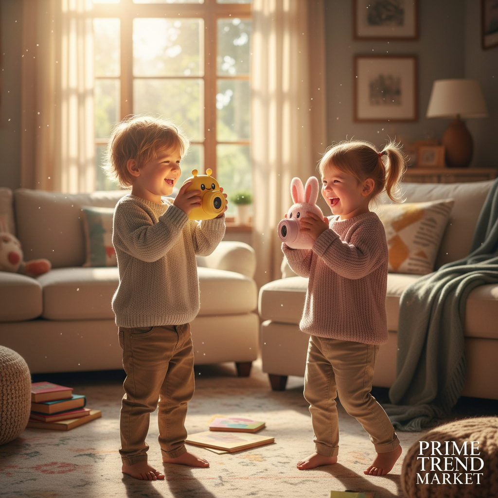 Two children playing with KidShot Pink Bunny and Yellow Robot cameras