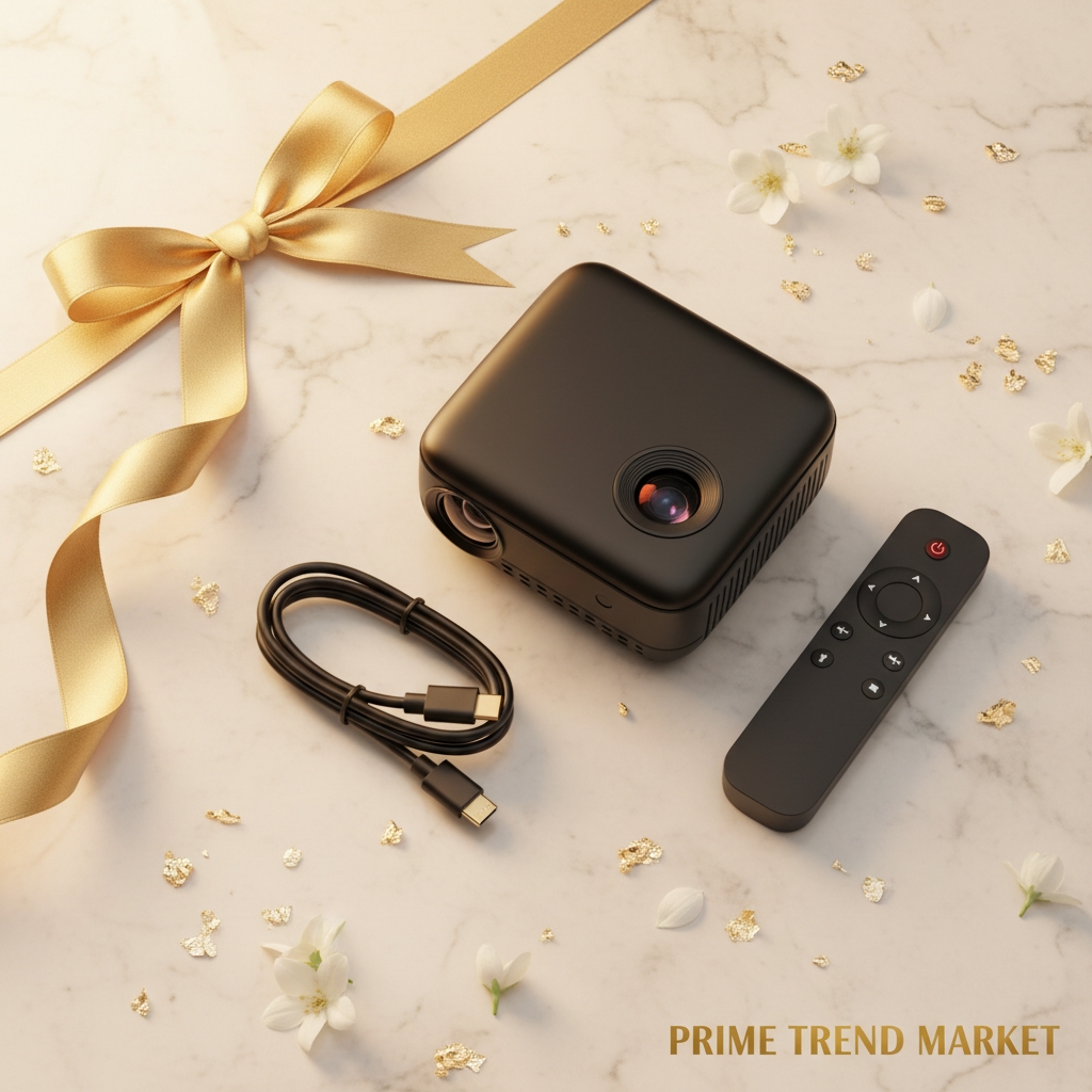 PocketCinema gift flat lay with remote and Type-C cable on cream marble