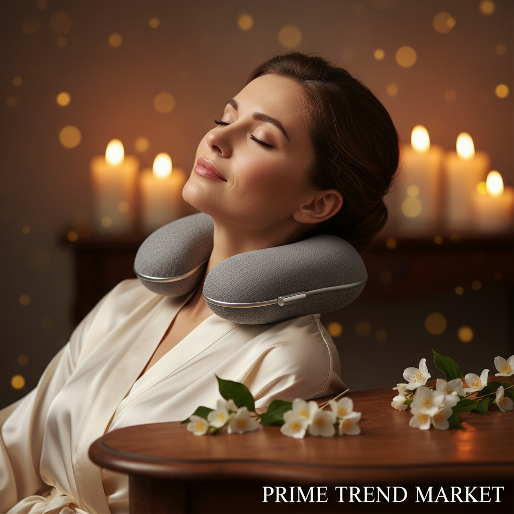 Woman relaxing with gray luxury neck massage pillow, jasmine flowers and candlelight spa